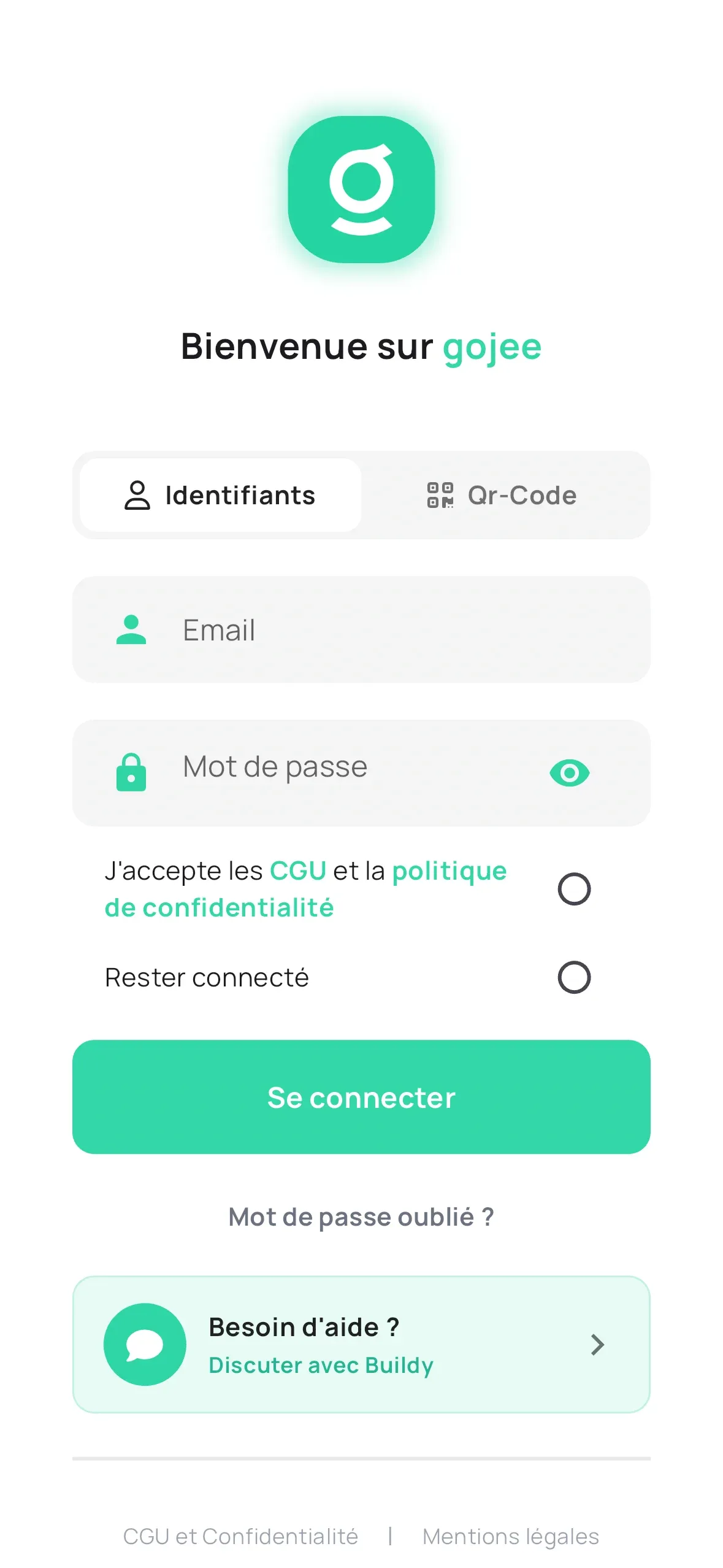 Écran de connexion Gojee : champs Email et Mot de passe, bouton Se connecter et lien Mot de passe oublié ? visible en bas de l'écran.
