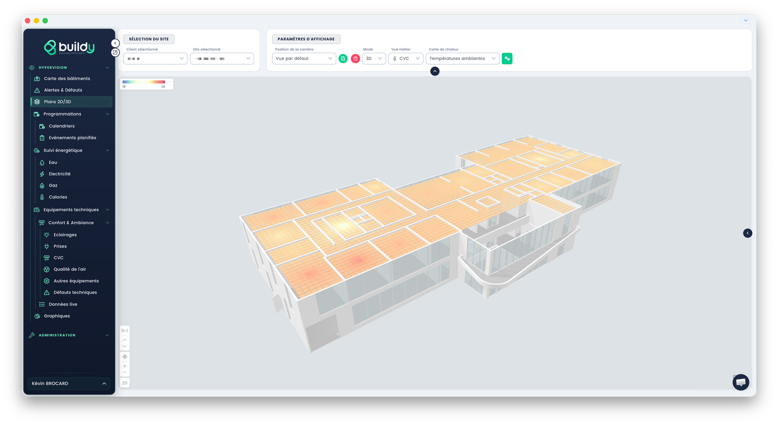 Carte de chaleur affichée sur le plan d'un bâtiment dans Hyperveez, avec les zones colorées selon les températures mesurées.