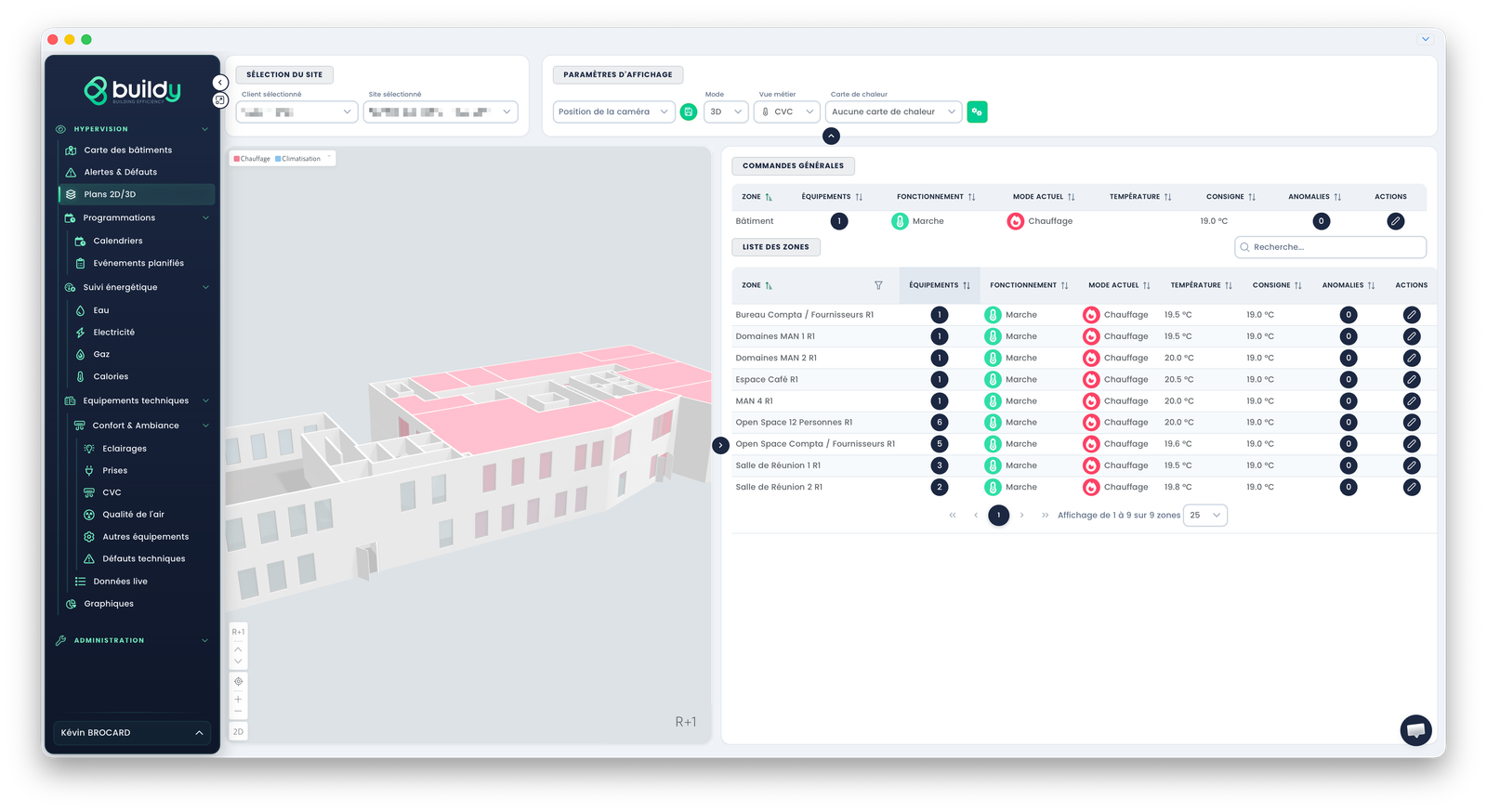 Vue d'un plan 2D interactif dans Hyperveez, avec les équipements supervisés positionnés sur le plan du bâtiment.