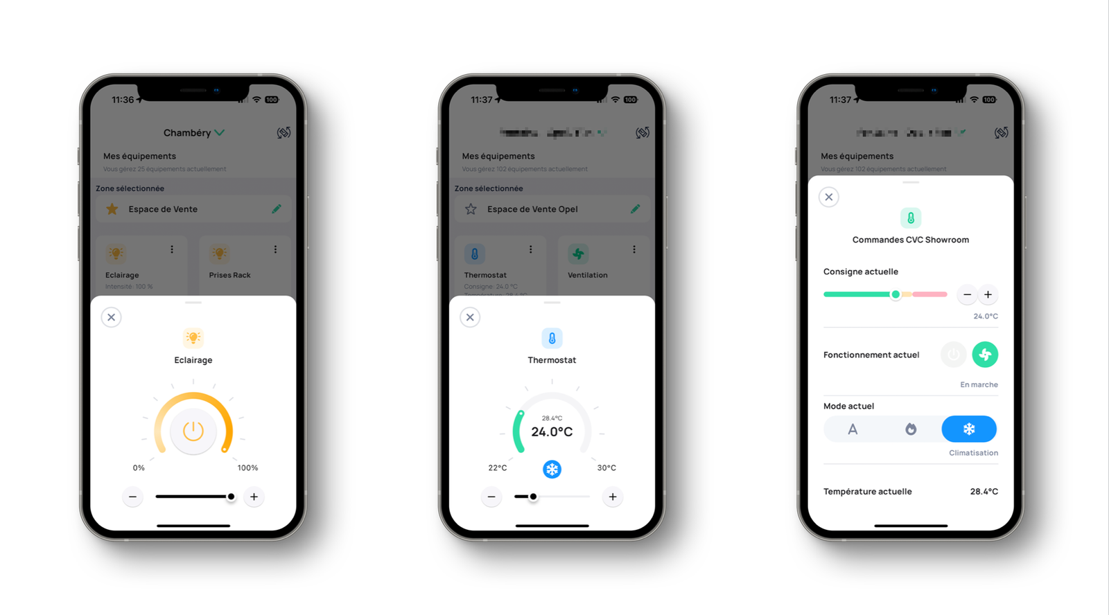 Widgets de pilotage dans Gojee : slider de consigne de température, interrupteur marche/arrêt et commande d'éclairage, accessibles depuis l'application mobile GTB.