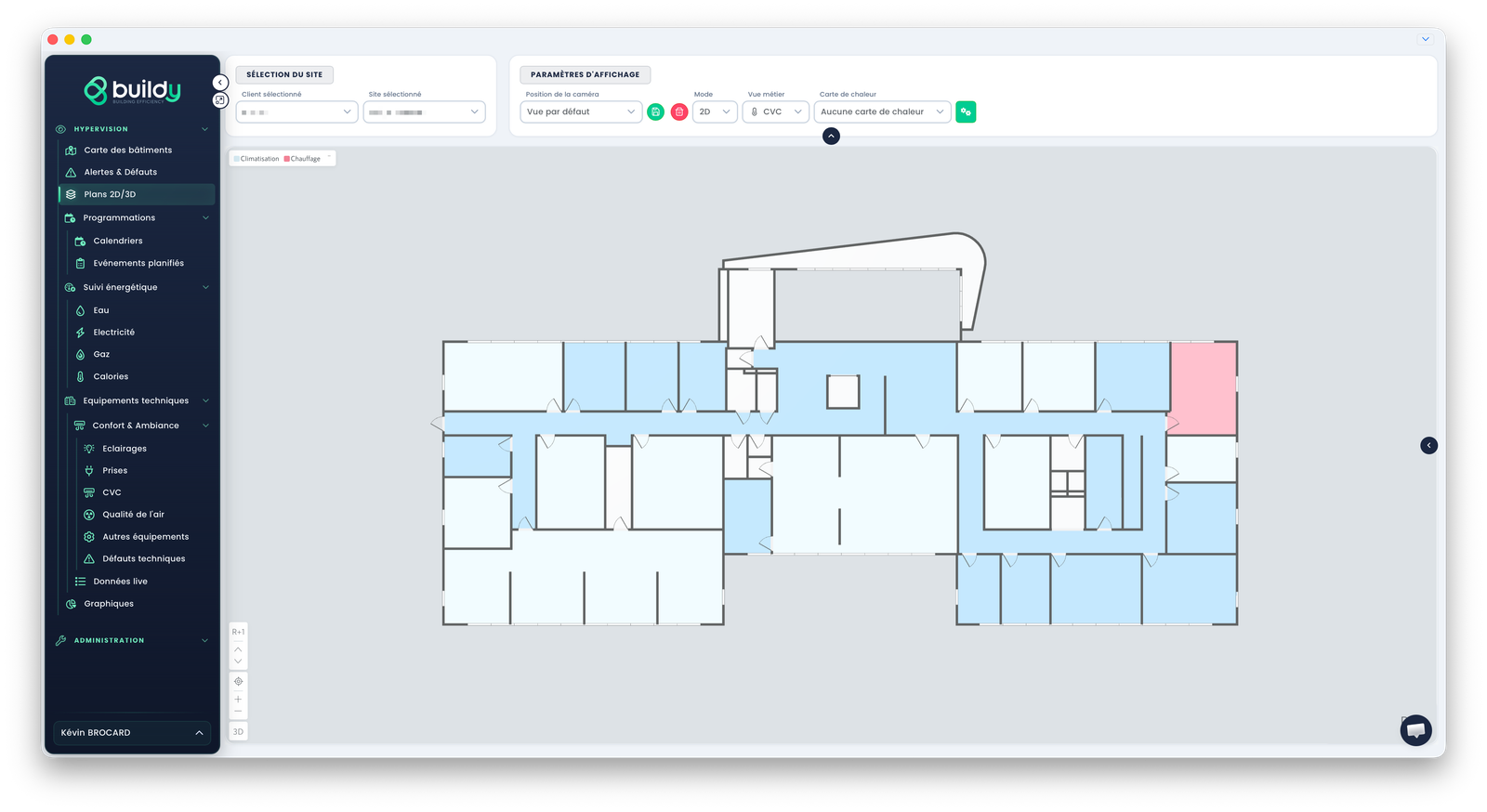 Navigation interactive sur un plan 3D dans Hyperveez : clic sur un équipement pour afficher ses valeurs en temps réel.