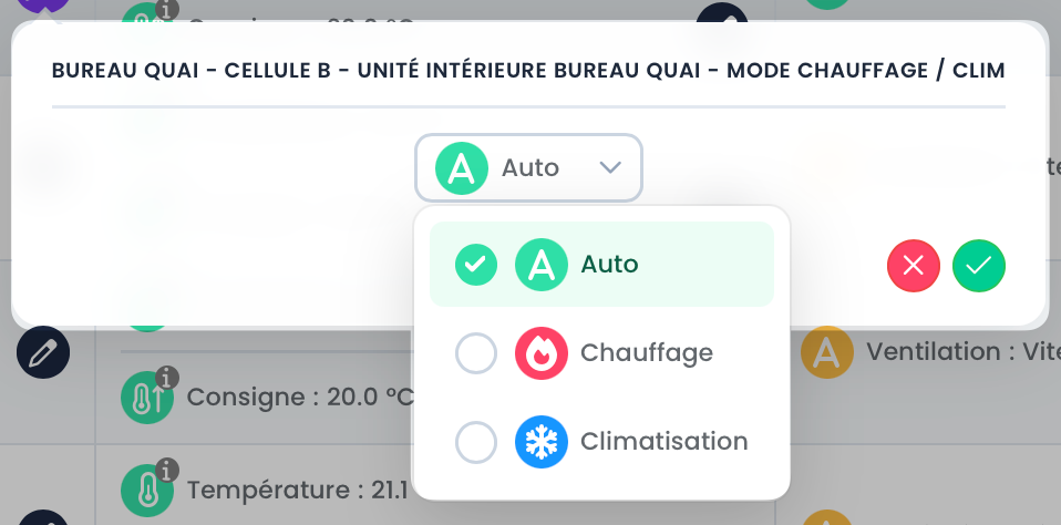 Console Hyperveez : vue d'un équipement supervisé avec les boutons de commande ponctuelle disponibles (marche/arrêt, consigne, mode).